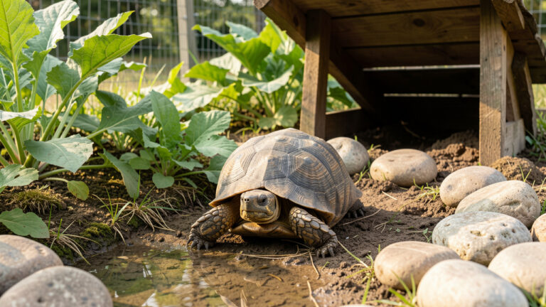 Tortue boîte en bonne santé dans un enclos propre avec des feuilles vertes, une coupelle d’eau fraîche, de la terre, des pierres et un abri ombragé.