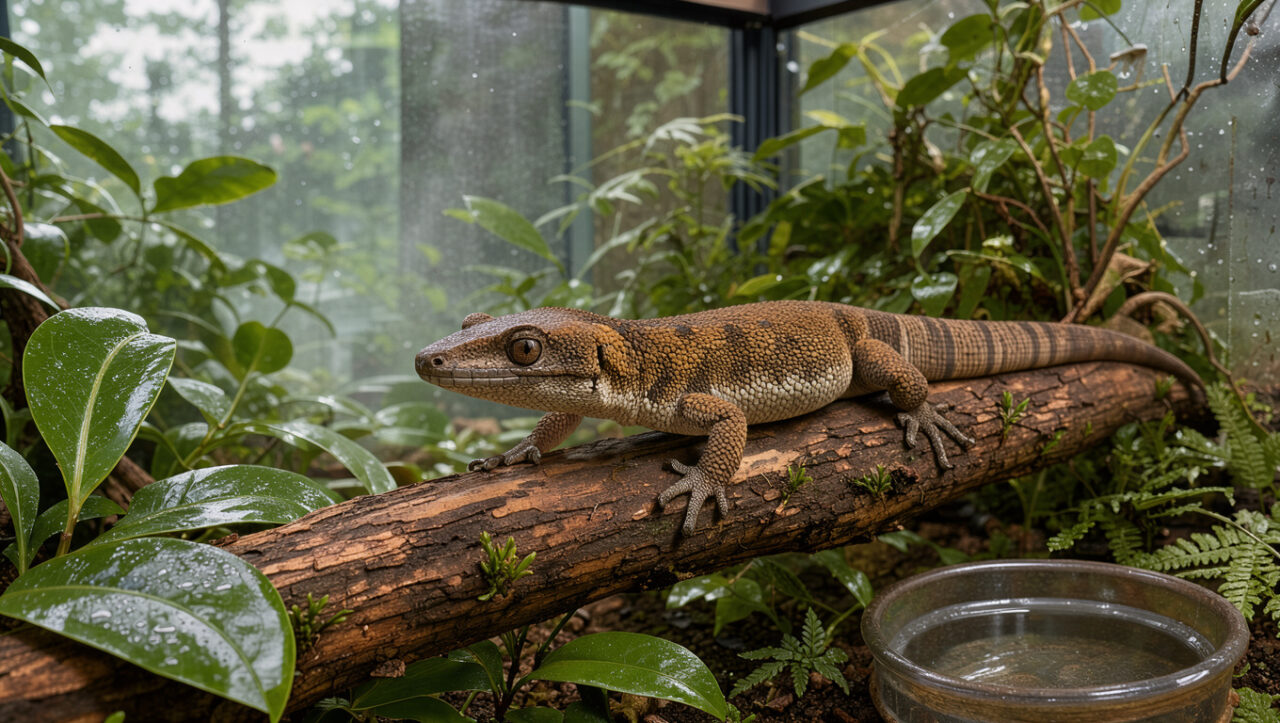 Gecko géant de Nouvelle-Calédonie dans un terrarium propre et végétalisé, avec une coupelle d’eau et une atmosphère humide favorisant sa bonne santé.