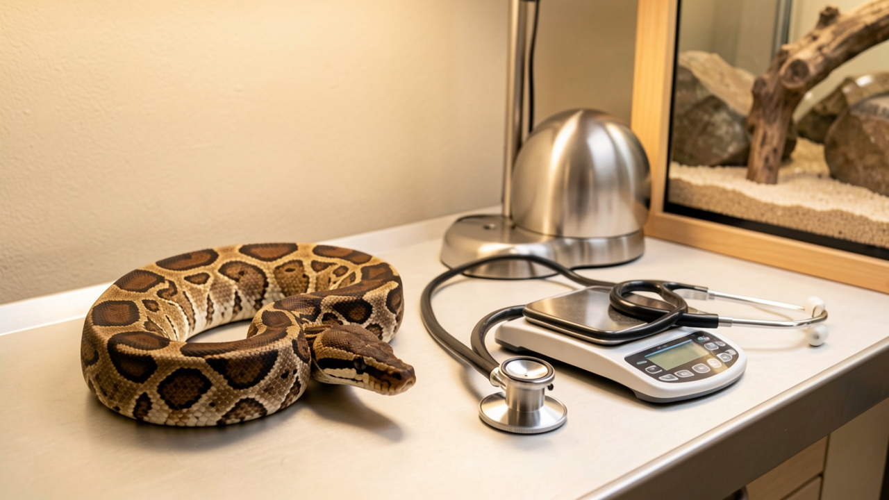 Boa constricteur en bonne santé dans un environnement vétérinaire propre, entouré d’équipements de soins et d’un habitat sécurisé.