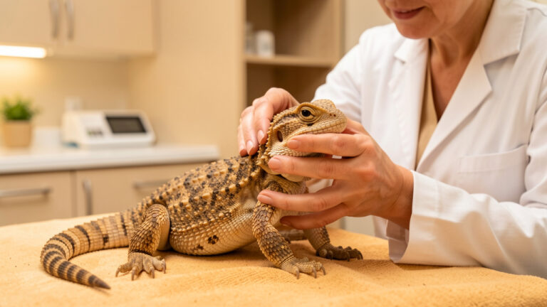 Un uromastyx en bonne santé est examiné avec précaution par une vétérinaire dans une salle de consultation lumineuse.