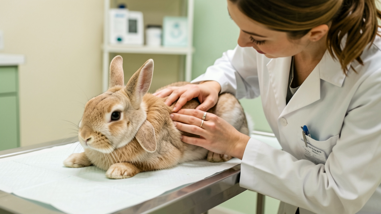 Un lapin domestique examiné avec douceur par une vétérinaire dans une clinique, évoquant une situation digestive nécessitant une prise en charge rapide.