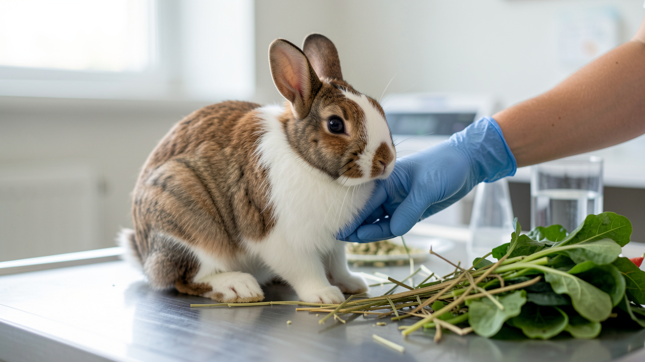 Lapin domestique examiné avec douceur dans un environnement vétérinaire, avec du foin, de l’eau et des légumes verts à proximité.
