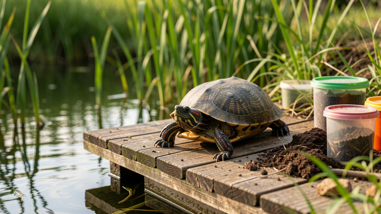 Tortue de Floride en bonne santé dans un habitat aquatique propre, entourée de plantes et d’éléments favorisant des soins responsables et la protection de la biodiversité.