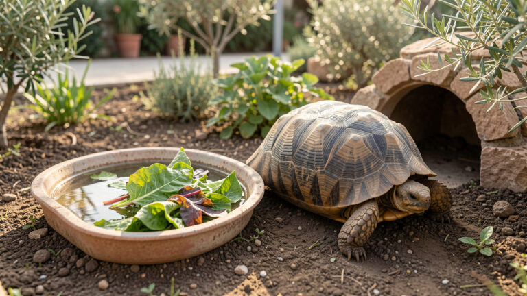 Tortue grecque en bonne santé dans un habitat propre avec de l’eau, des feuillages frais et un abri adapté.