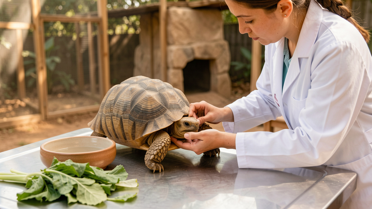 Tortue d’Hermann examinée avec soin par une vétérinaire, entourée de matériel de consultation et d’un habitat sécurisé.