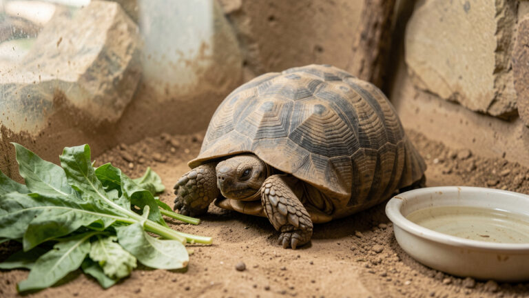 Tortue de Horsfield observée dans un terrarium naturel, présentant une posture calme et des signes subtils de malaise.
