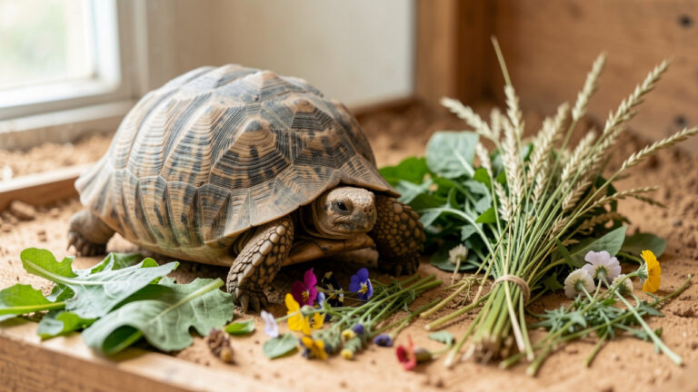 Tortue léopard au comportement calme, placée près d’un assortiment de végétaux frais dans un habitat propre, illustrant la surveillance de son alimentation et de sa santé.