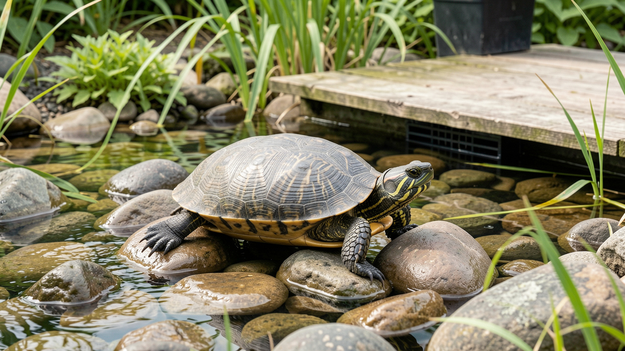 Tortue musquée en bonne santé dans un habitat d’eau douce propre, avec des plantes aquatiques, des pierres lisses et une plateforme de repos.