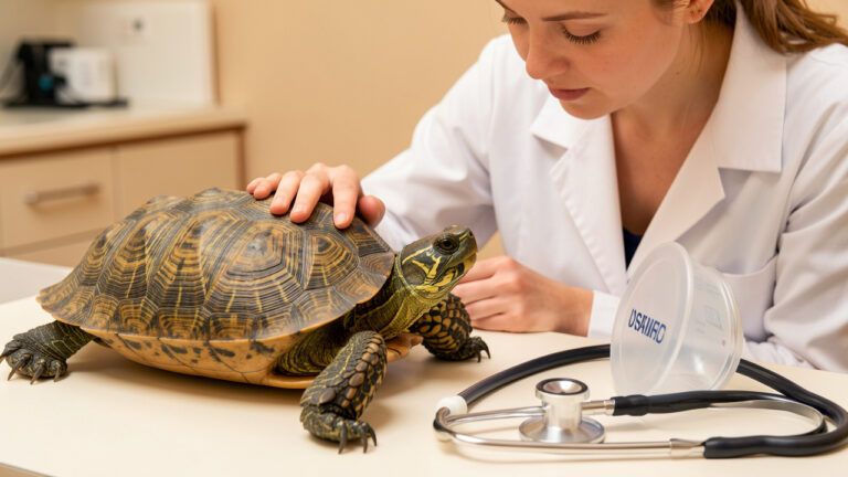 Une tortue peinte examinée avec douceur par une vétérinaire dans une clinique, avec un stéthoscope et un symbole protecteur évoquant l’assurance.