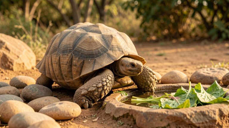 Tortue sillonnée en bonne santé se reposant dans un habitat naturel chaud, entourée de pierres lisses, de verdure et d’une coupelle d’eau.