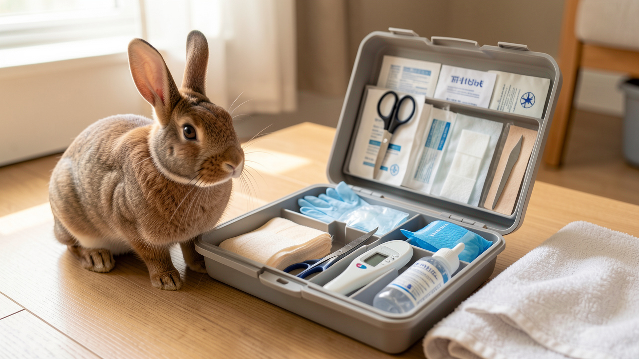 Trousse de premiers secours ouverte avec du matériel de soin, placée près d’un lapin et d’un cochon d’Inde dans un intérieur lumineux.