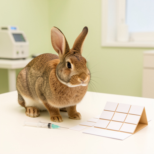 Lapin domestique en bonne santé examiné dans une clinique vétérinaire, avec une seringue stérile et des fiches vierges évoquant le calendrier des vaccinations.