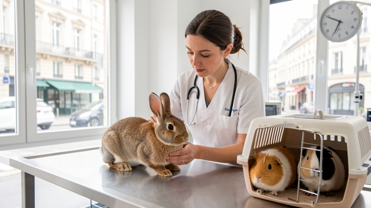 Une vétérinaire spécialisée dans les nouveaux animaux de compagnie examine doucement un lapin dans une clinique moderne, avec un cochon d’Inde installé dans une caisse de transport à proximité.