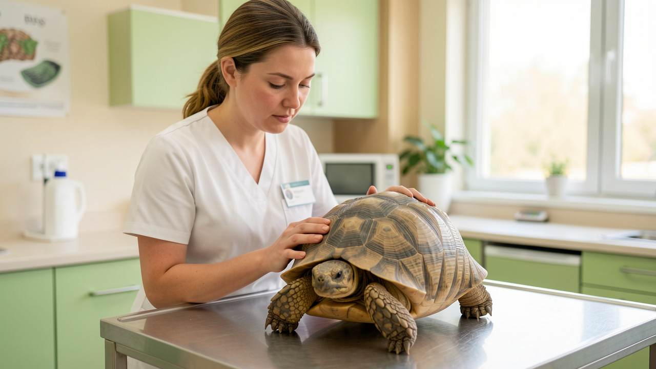 Une vétérinaire examine doucement une tortue dans une clinique moderne.